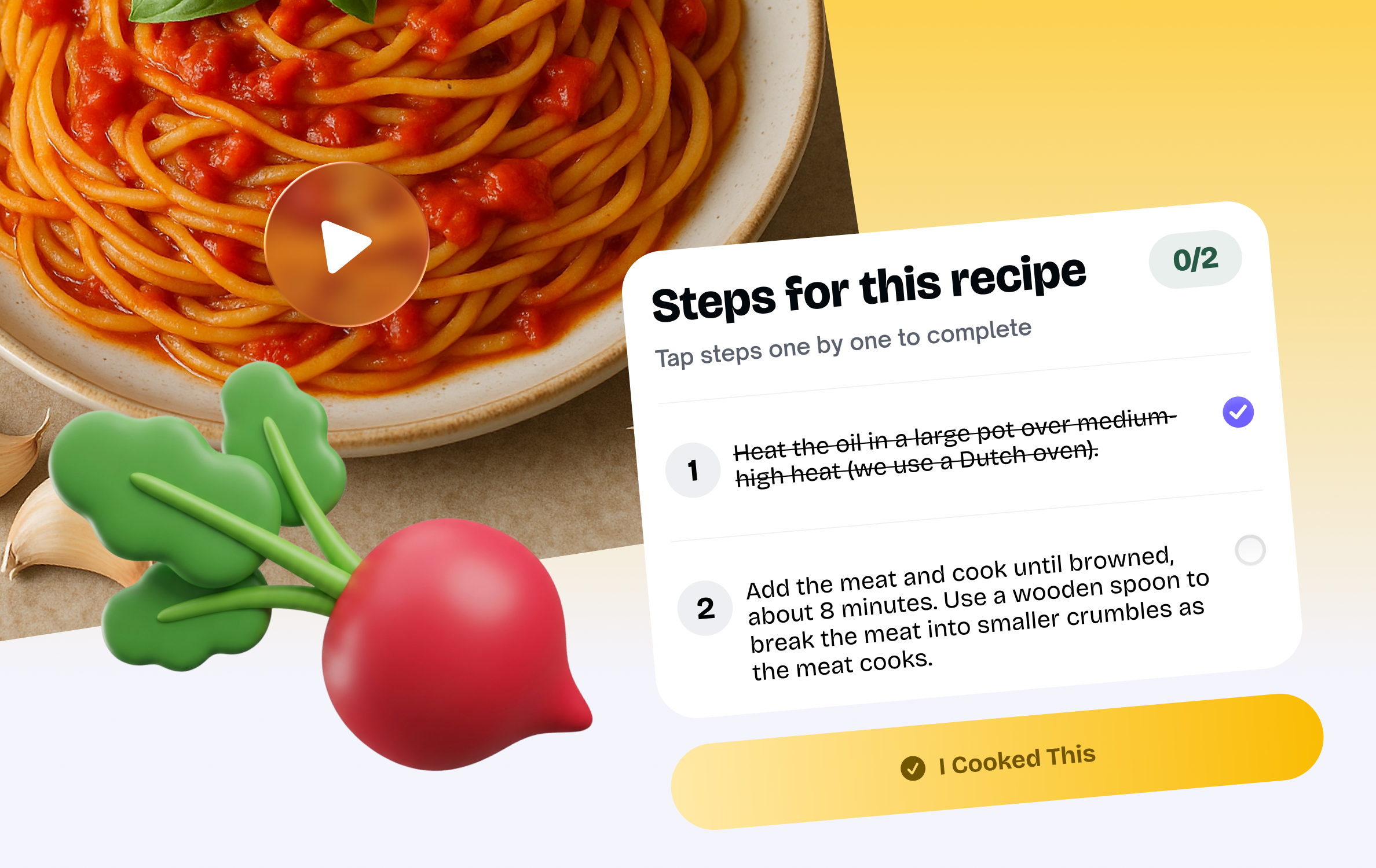 Suphra cook mode: recipe steps checklist and I Cooked This action.